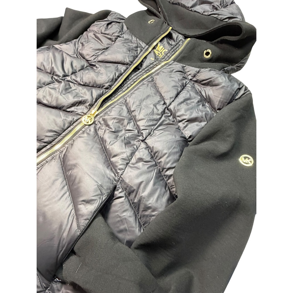 Michael Michael Kors Womens Black‎ Hybrid Quilted Puffer Hooded Jacket Gold MK M - Picture 2 of 4